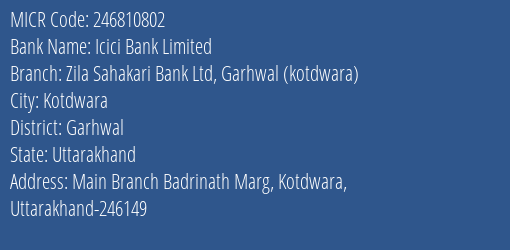 Zila Sahakari Bank Ltd Kotdwara MICR Code