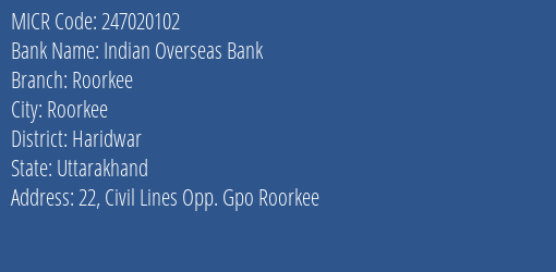 Indian Overseas Bank Roorkee Branch Address Details and MICR Code 247020102