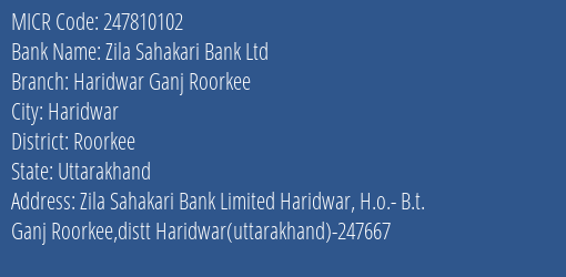 Zila Sahakari Bank Ltd Haridwar Ganj Roorkee MICR Code