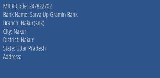 Sarva Up Gramin Bank Nakur Snk Branch Address Details and MICR Code 247822702