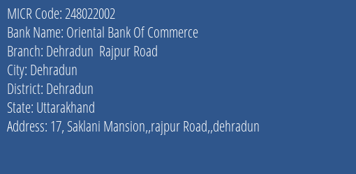 Oriental Bank Of Commerce Dehradun Rajpur Road MICR Code