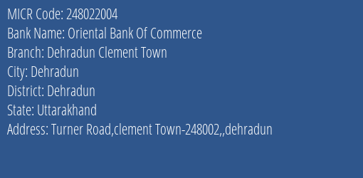 Oriental Bank Of Commerce Dehradun Clement Town MICR Code