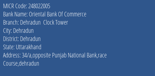 Oriental Bank Of Commerce Dehradun Clock Tower MICR Code