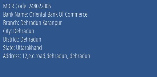 Oriental Bank Of Commerce Dehradun Karanpur MICR Code