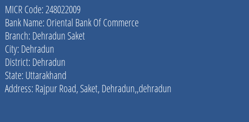 Oriental Bank Of Commerce Dehradun Saket MICR Code