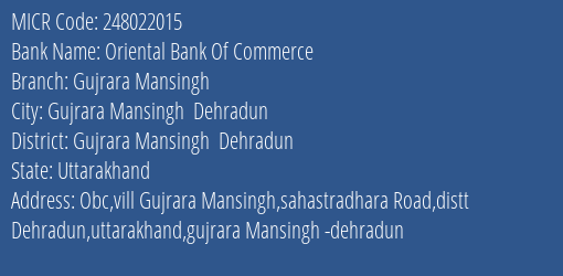 Oriental Bank Of Commerce Gujrara Mansingh MICR Code