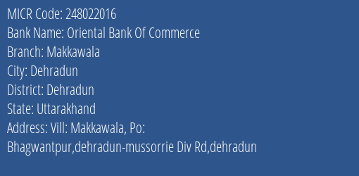 Oriental Bank Of Commerce Makkawala MICR Code