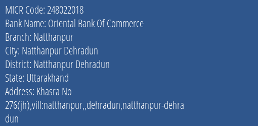 Oriental Bank Of Commerce Natthanpur MICR Code