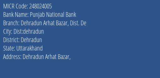 Punjab National Bank Dehradun Arhat Bazar Dist. De MICR Code