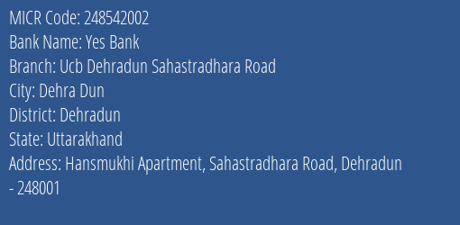 Dehradun Urban Cooperative Bank Sahastradhara Road MICR Code