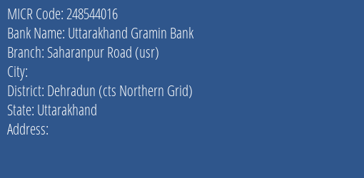 Uttarakhand Gramin Bank Saharanpur Road Usr Branch Address Details and MICR Code 248544016