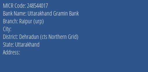 Uttarakhand Gramin Bank Raipur Urp Branch Address Details and MICR Code 248544017
