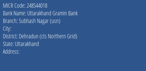 Uttarakhand Gramin Bank Subhash Nagar Usn Branch Address Details and MICR Code 248544018