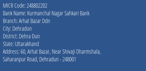 Kurmanchal Nagar Sahkari Bank Arhat Bazar Ddn MICR Code