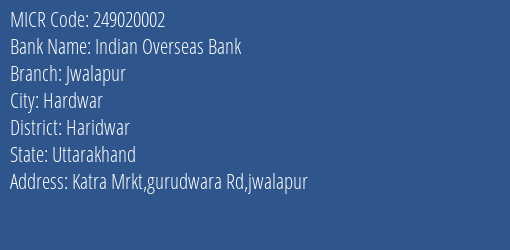 Indian Overseas Bank Jwalapur Branch Address Details and MICR Code 249020002