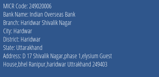 Indian Overseas Bank Haridwar Shivalik Nagar Branch Address Details and MICR Code 249020006