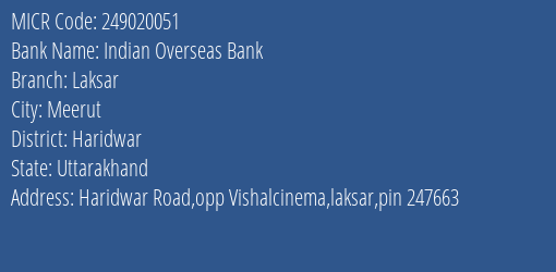 Indian Overseas Bank Laksar Branch Address Details and MICR Code 249020051