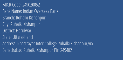 Indian Overseas Bank Rohalki Kishanpur Branch Address Details and MICR Code 249020052