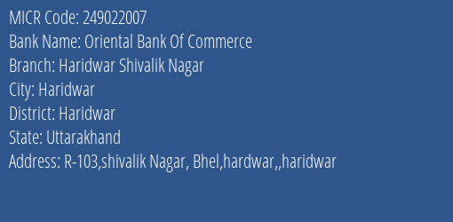 Oriental Bank Of Commerce Haridwar Shivalik Nagar MICR Code