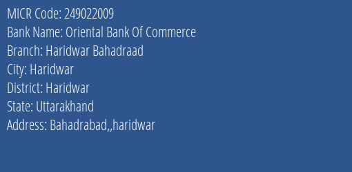 Oriental Bank Of Commerce Haridwar Bahadraad MICR Code