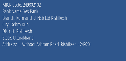 Kurmanchal Nagar Sahkari Bank Rishikesh MICR Code