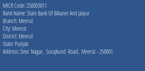 State Bank Of Bikaner And Jaipur Meerut MICR Code