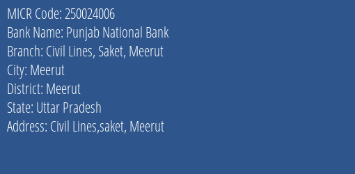 Punjab National Bank Civil Lines, Saket, Meerut MICR Code