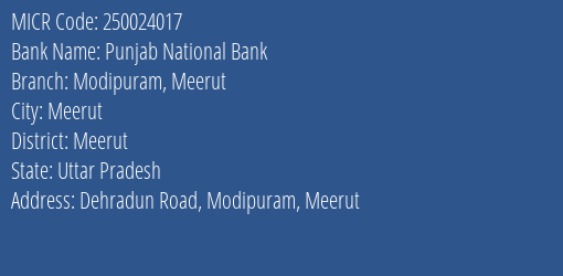 Punjab National Bank Modipuram Meerut MICR Code