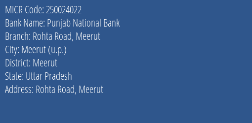 Punjab National Bank Rohta Road, Meerut MICR Code