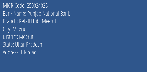 Punjab National Bank Retail Hub, Meerut MICR Code