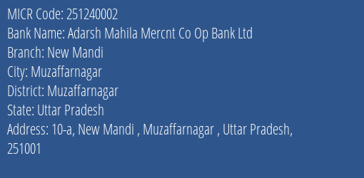 Adarsh Mahila Mercnt Co Op Bank Ltd New Mandi MICR Code