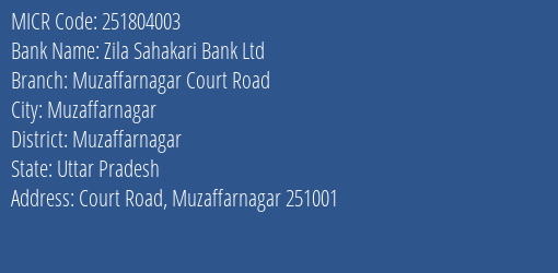 Zila Sahakari Bank Ltd Muzaffarnagar Court Road MICR Code