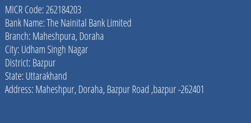 The Nainital Bank Limited Maheshpura Doraha MICR Code