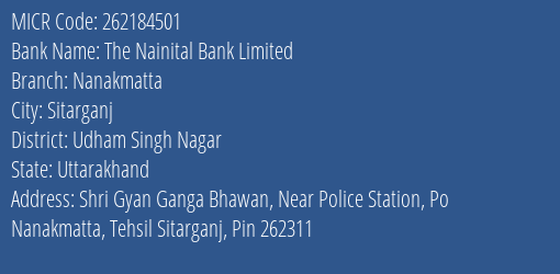 The Nainital Bank Limited Nanakmatta MICR Code