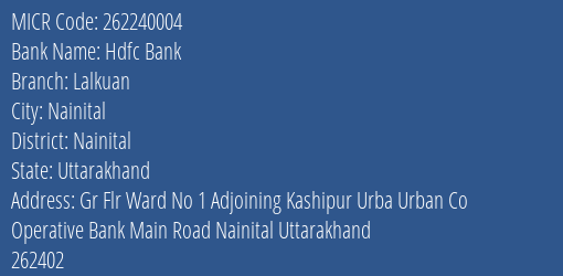 Hdfc Bank Lalkuan Branch Address Details and MICR Code 262240004