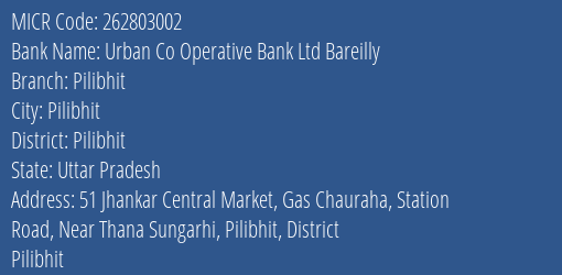 Urban Co Operative Bank Ltd Bareilly Pilibhit MICR Code