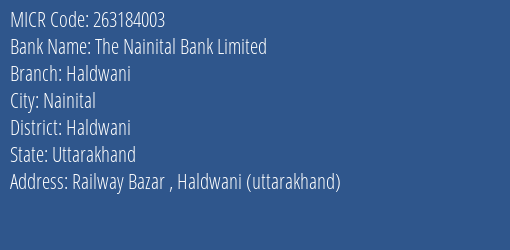 The Nainital Bank Limited Haldwani MICR Code
