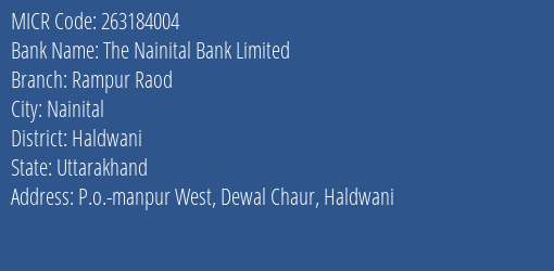 The Nainital Bank Limited Rampur Raod MICR Code