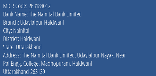 The Nainital Bank Limited Udaylalpur Haldwani MICR Code
