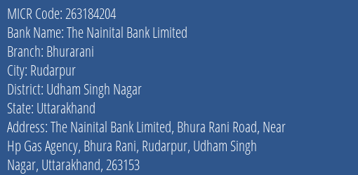 The Nainital Bank Limited Bhurarani MICR Code