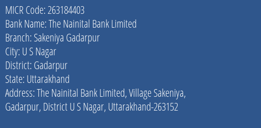 The Nainital Bank Limited Sakeniya Gadarpur MICR Code