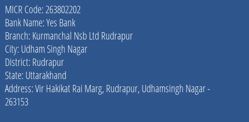 Kurmanchal Nagar Sahkari Bank Rudrapur MICR Code