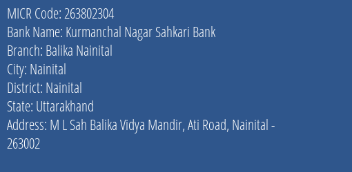 Kurmanchal Nagar Sahkari Bank Balika Nainital MICR Code