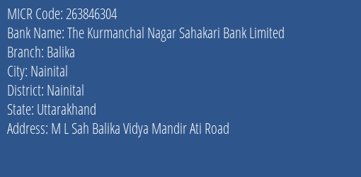 The Kurmanchal Nagar Sahakari Bank Limited Balika MICR Code