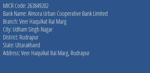 Almora Urban Cooperative Bank Limited Veer Haquikat Rai Marg MICR Code