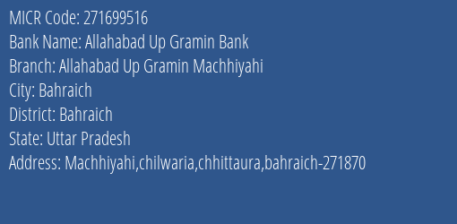 Allahabad Up Gramin Bank Allahabad Up Gramin Machhiyahi MICR Code