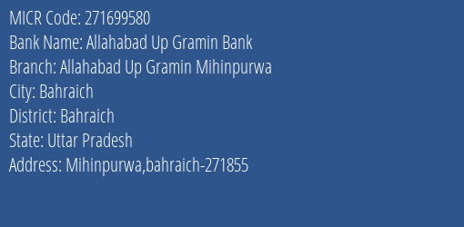 Allahabad Up Gramin Bank Allahabad Up Gramin Mihinpurwa MICR Code