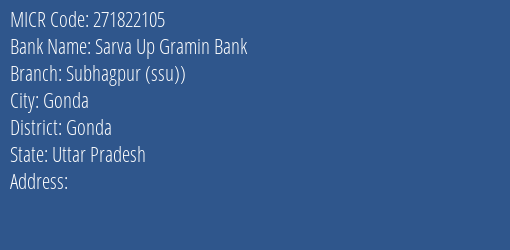 Sarva Up Gramin Bank Subhagpur Ssu Branch Address Details and MICR Code 271822105