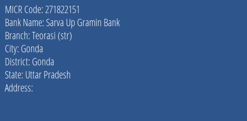 Sarva Up Gramin Bank Teorasi Str Branch Address Details and MICR Code 271822151
