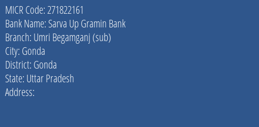 Sarva Up Gramin Bank Umri Begamganj Sub Branch Address Details and MICR Code 271822161